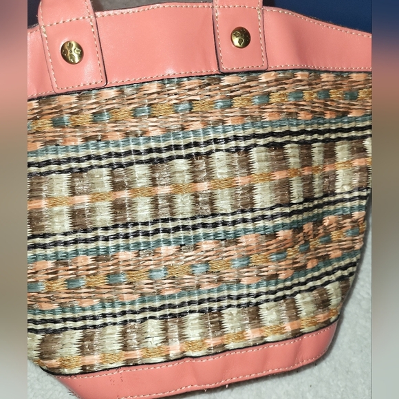 Patricia Nash Woven Purse Bag Coral Peach Tan Blue Gold Hardware - Picture 5 of 16